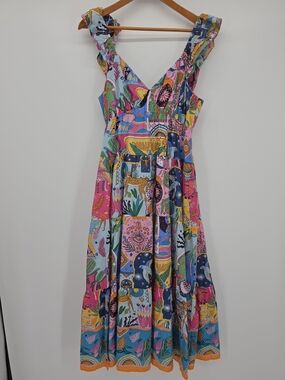 J. Marie Zodiac Multi-Color Patchwork Midi Dress with Ruffle Straps Large